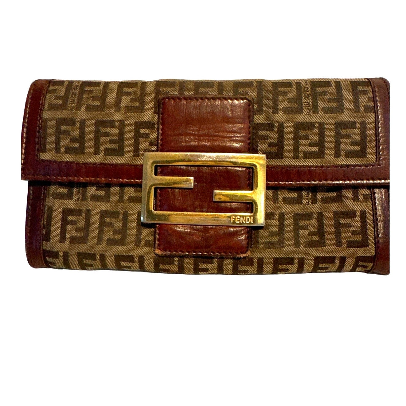 Authentic Fendi Zucca Baguette Wallet in Canvas and Leather with Gold Buckle