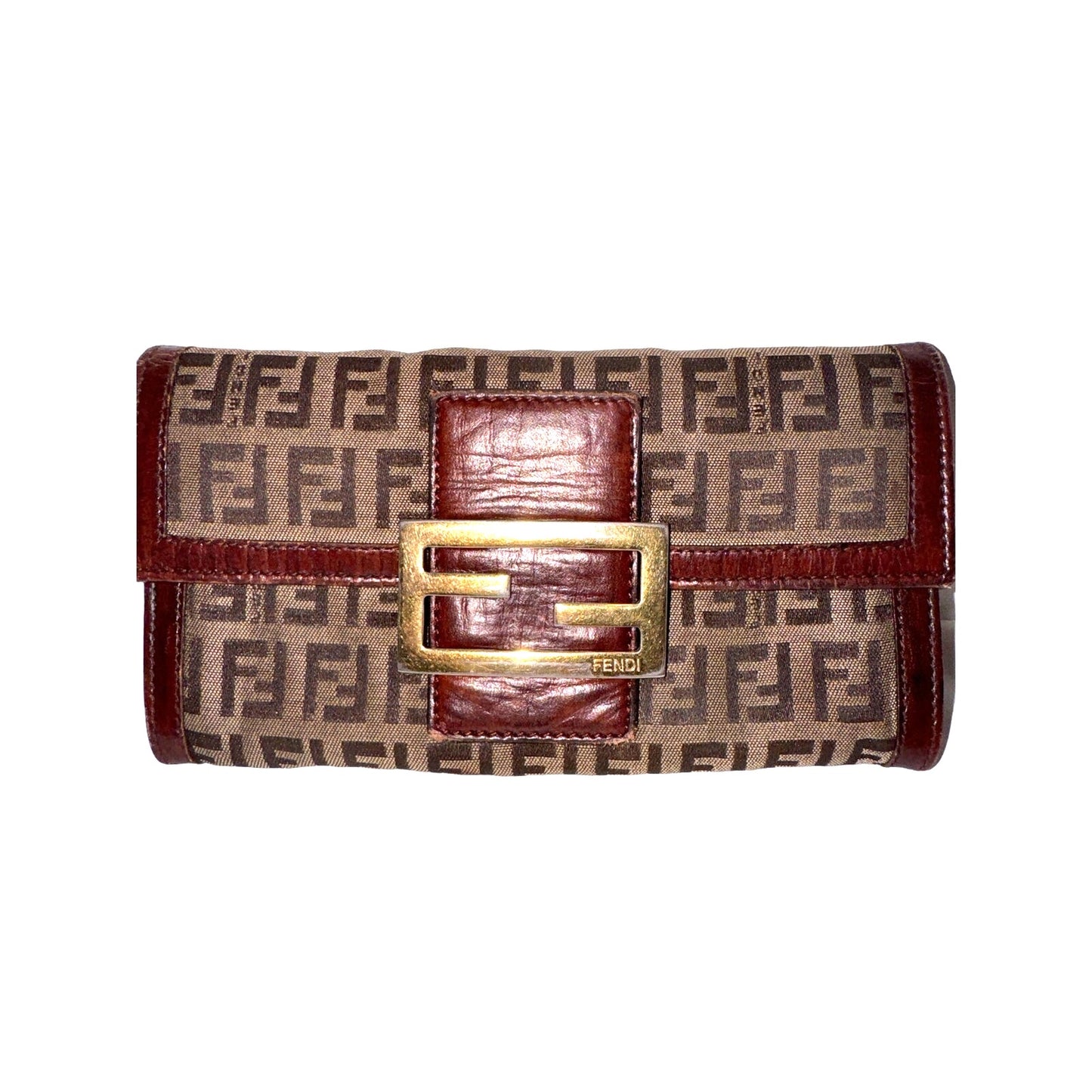 Authentic Fendi Zucca Baguette Wallet in Canvas and Leather with Gold Buckle