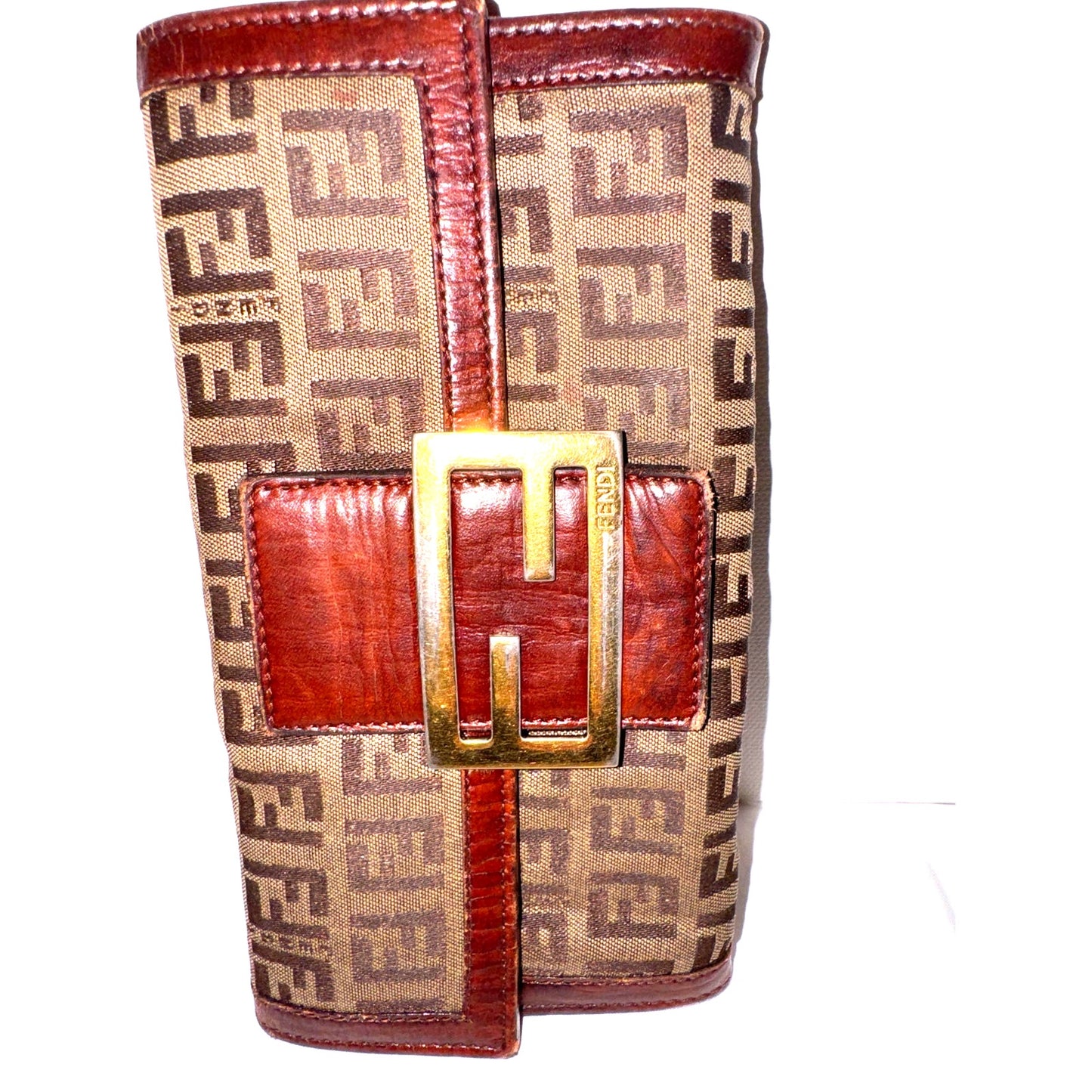 Authentic Fendi Zucca Baguette Wallet in Canvas and Leather with Gold Buckle