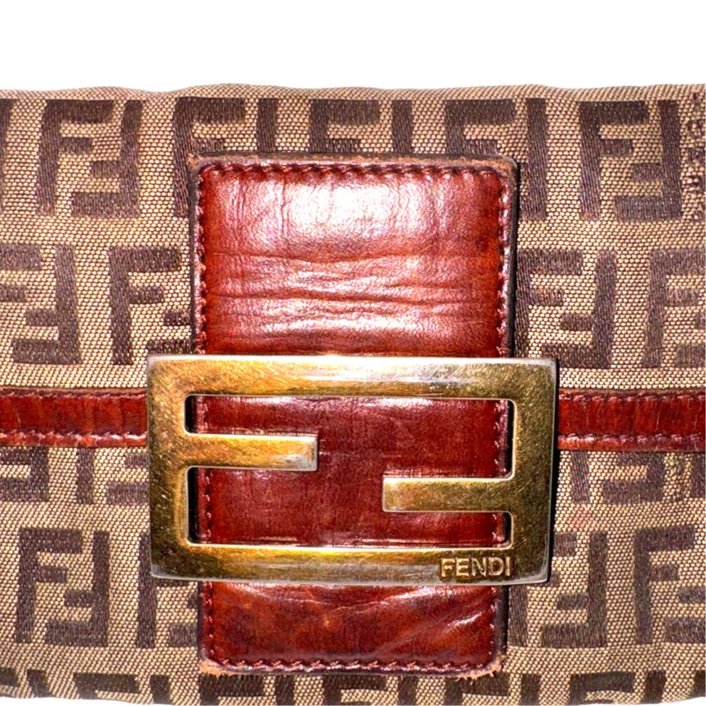 Authentic Fendi Zucca Baguette Wallet in Canvas and Leather with Gold Buckle