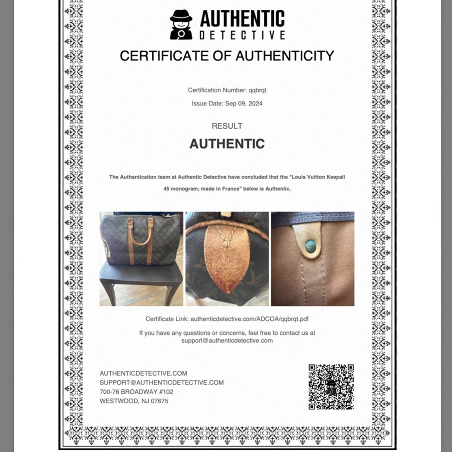 LOUIS VUITTON Monogram Keepall 45 Duffle Bag w/COA