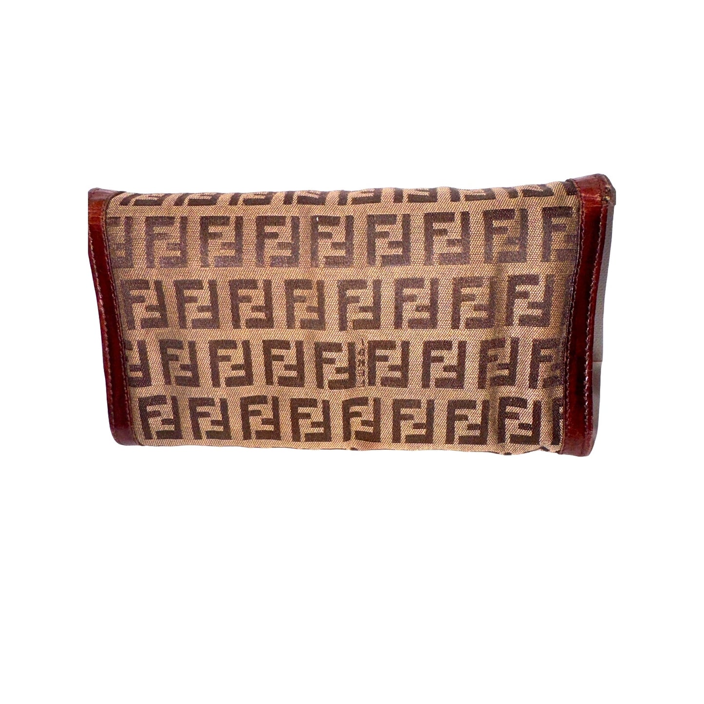 Authentic Fendi Zucca Baguette Wallet in Canvas and Leather with Gold Buckle