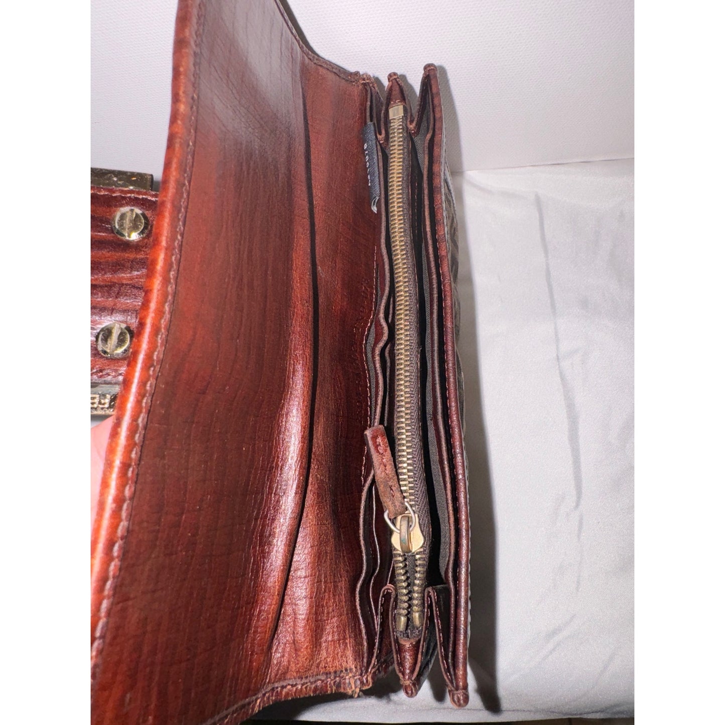 Authentic Fendi Zucca Baguette Wallet in Canvas and Leather with Gold Buckle