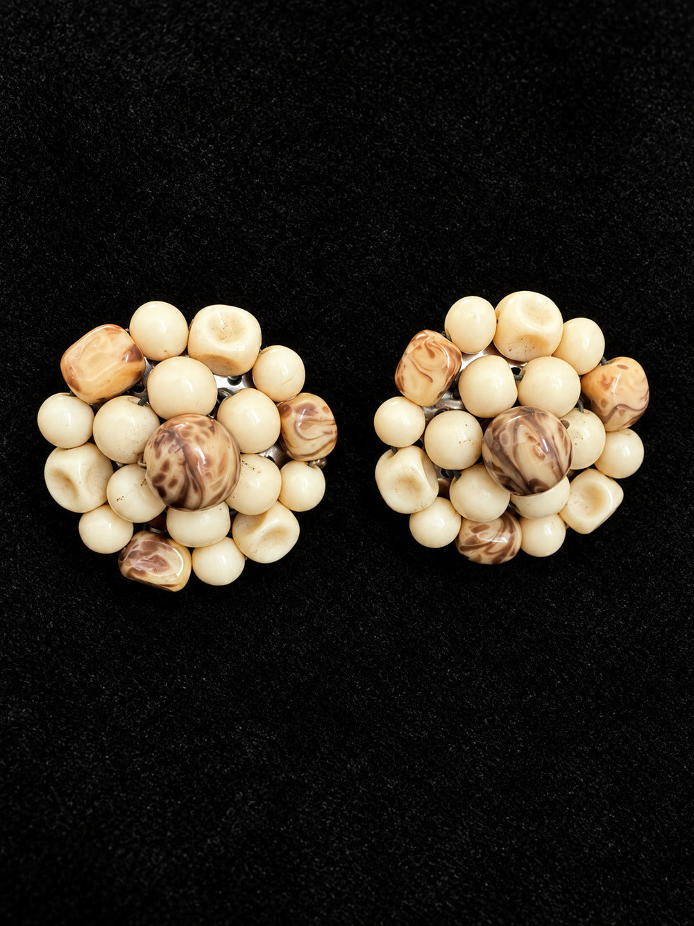 ⚜️ Made in W. Germany | Cluster Bead Clip-Ons | Cream & Marbled Brown 💗