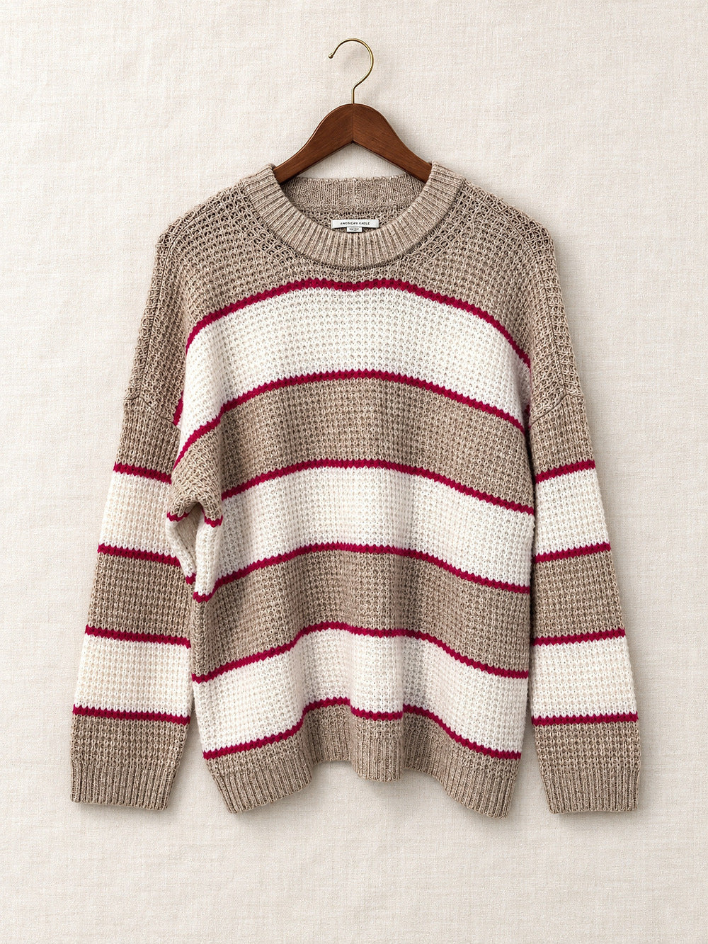 ⚜️ American Eagle | Striped Waffle Knit Sweater | Tan White Red 💗