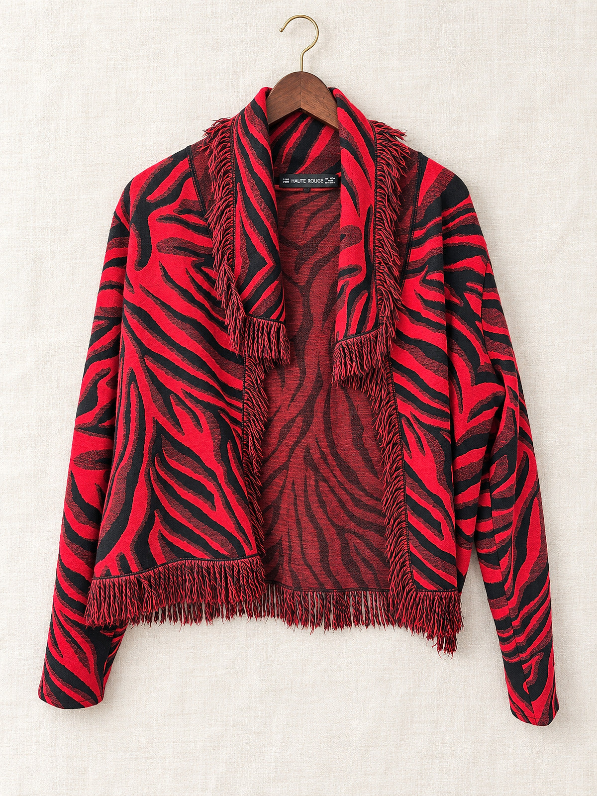 Haute Rogue · Red & Black Zebra Print Fringe Open Jacket · Bold S
