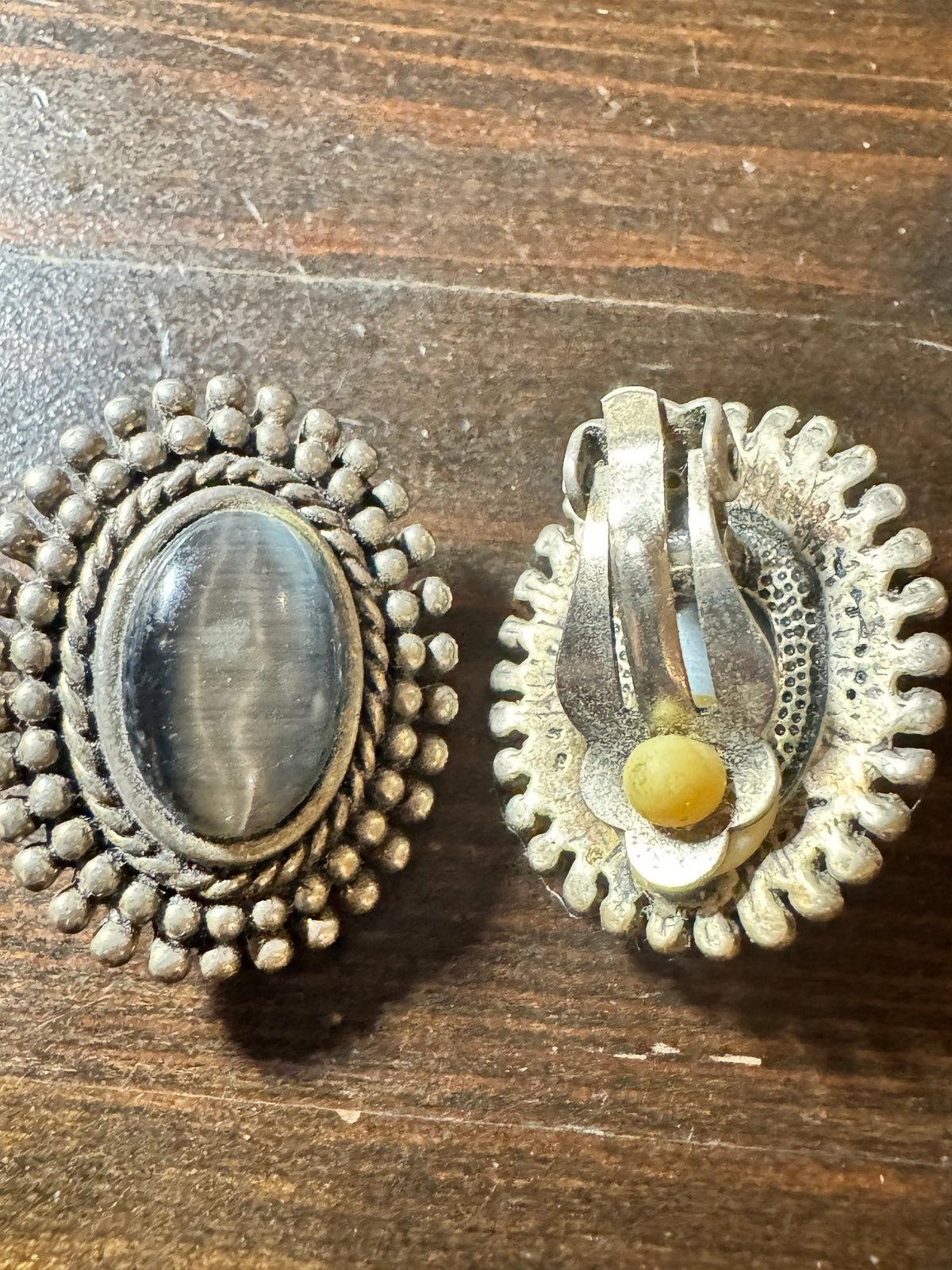 Clip-On Earrings · Oval Faux Cat's Eye · Silver-Tone Beaded — photo 2