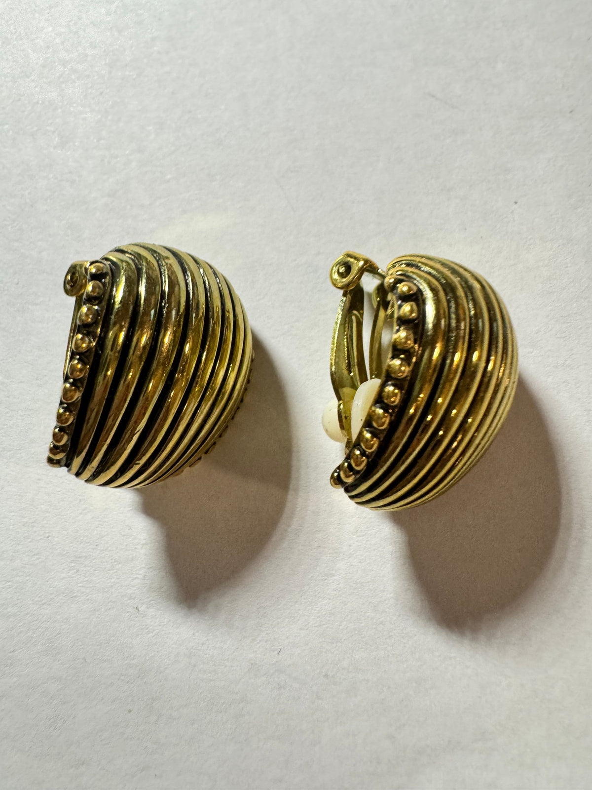 Gold-Tone Dome Clip-Ons · Ribbed Beaded Edge · Statement Earrings — photo 2