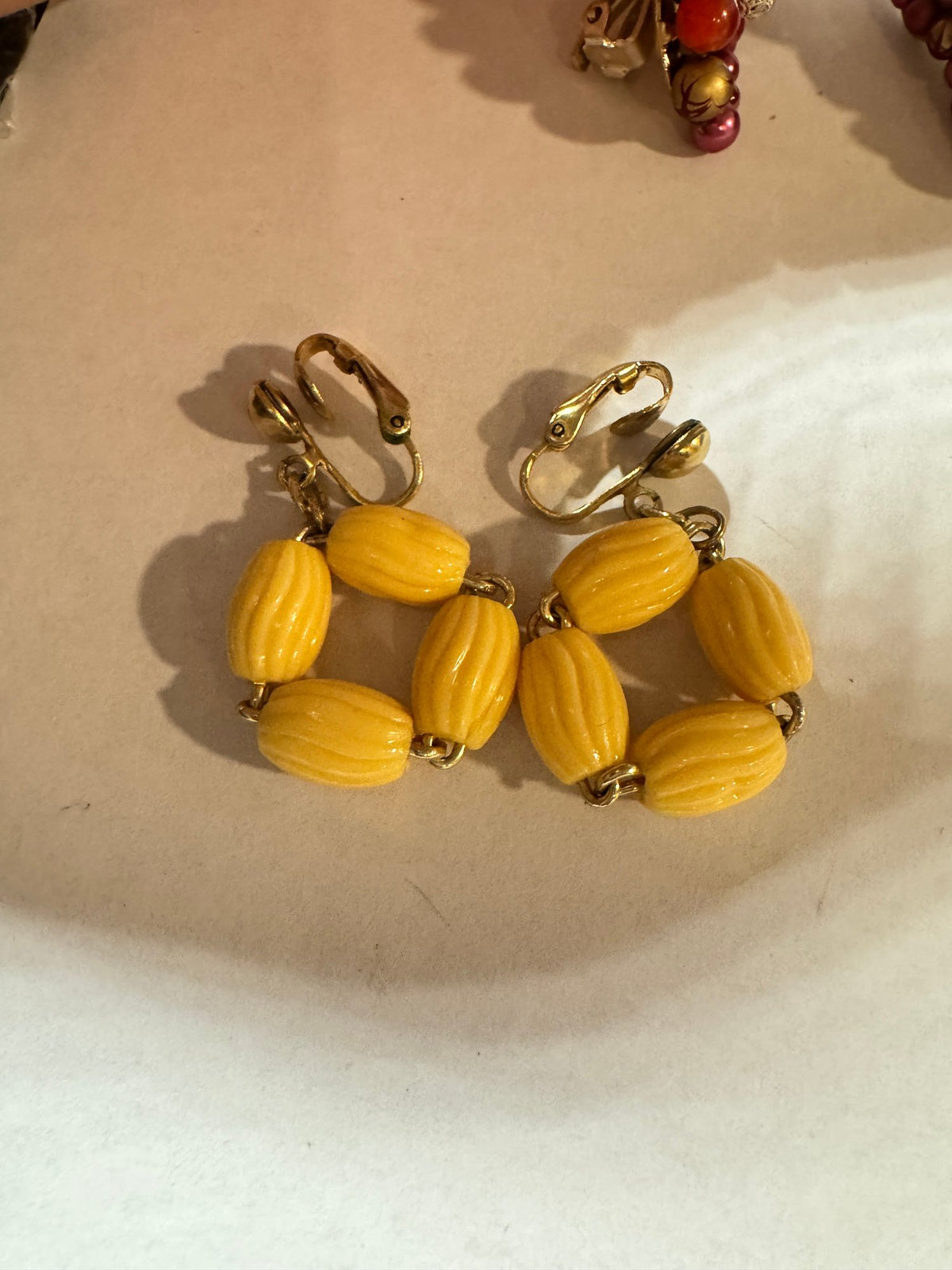 Clip-On Earrings · Mid-century-style · Yellow Ribbed Bead Drops — photo 2