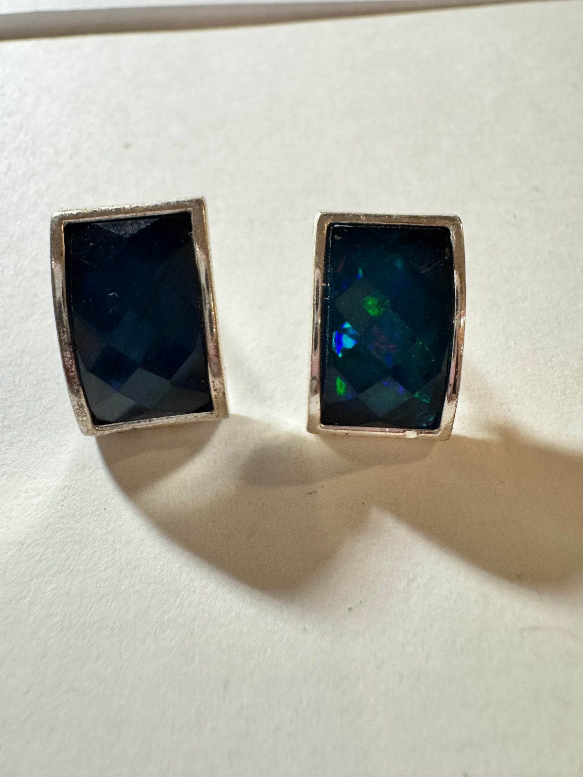 Rectangle Stud Earrings · Dark Crystal Glass · Iridescent Blue Teal — photo 2
