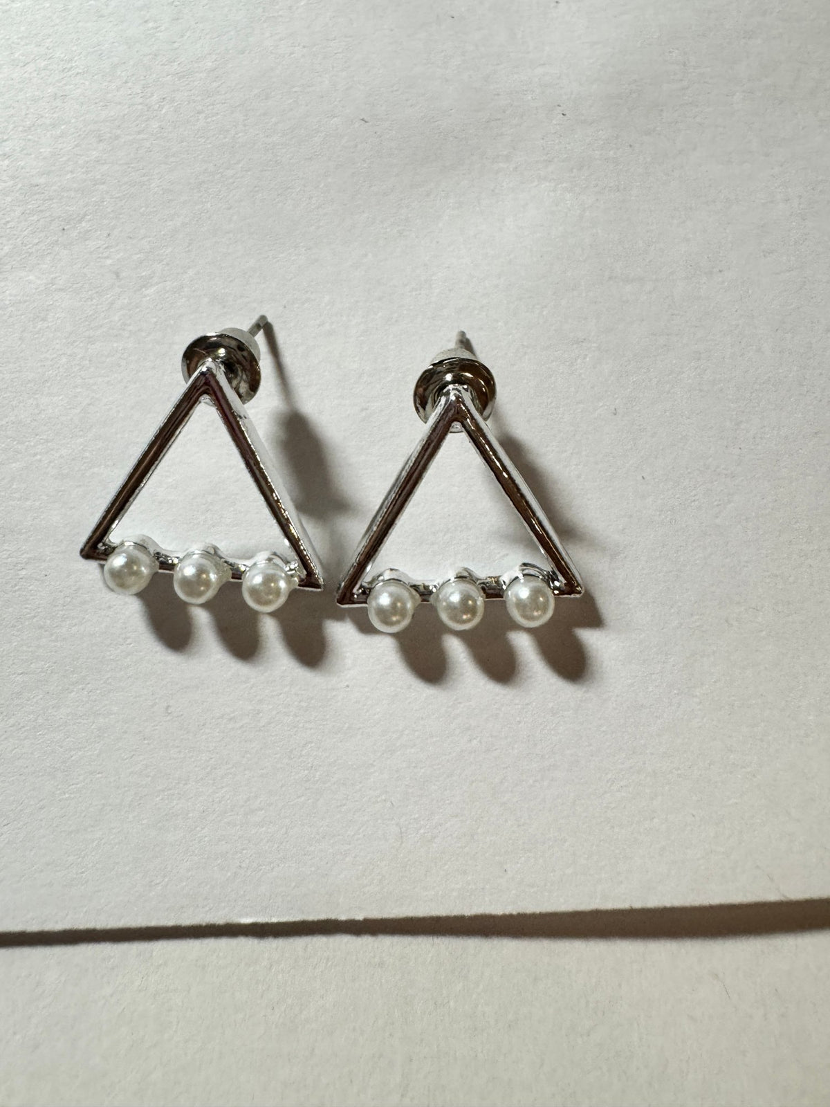 Triangle Stud Earrings · Faux Pearl Silver-Tone Geometric · Minimalist — photo 2
