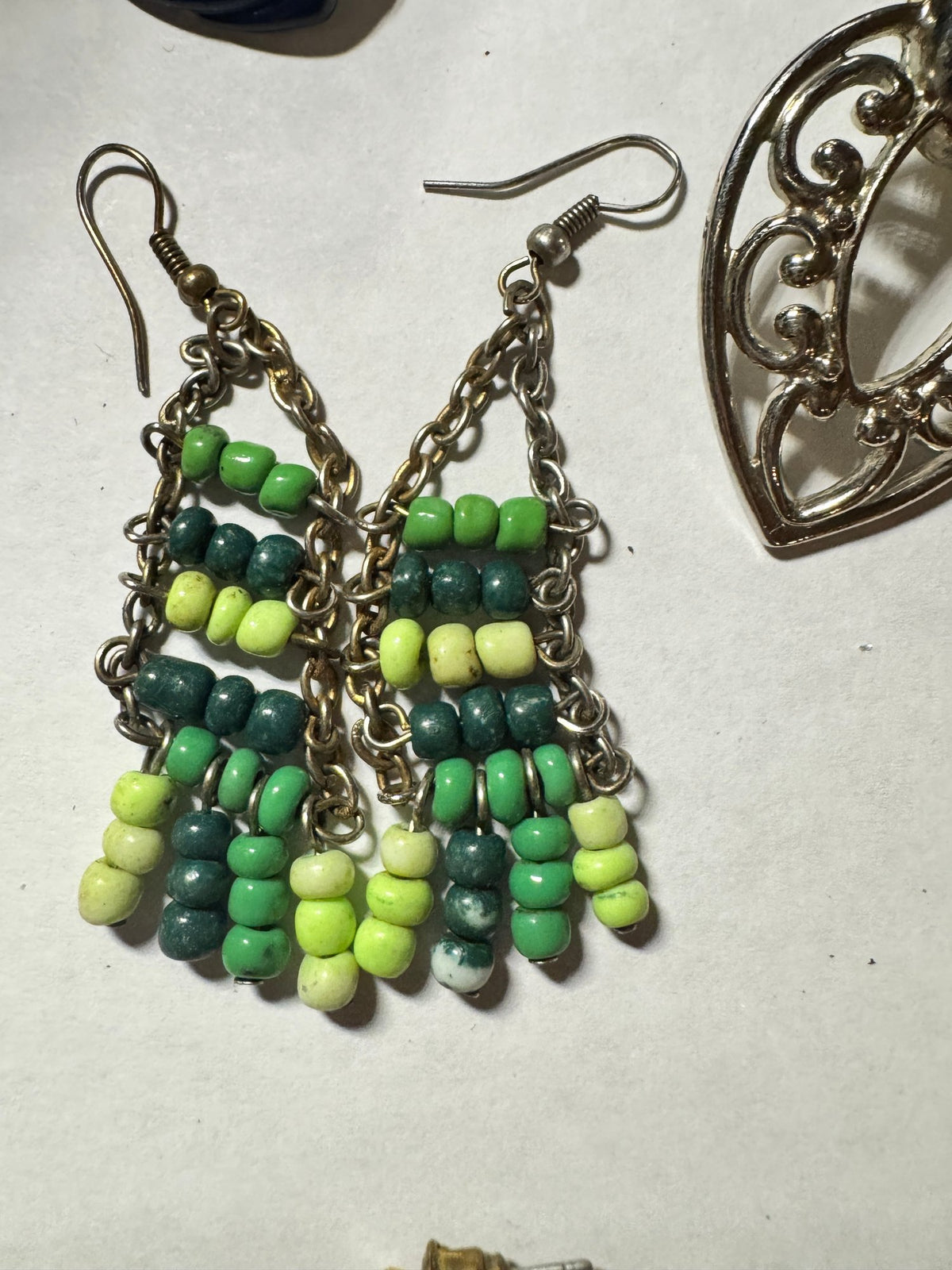 Beaded Chain Dangle Earrings · Boho · Green Multi Glass Fish-Hook — photo 2
