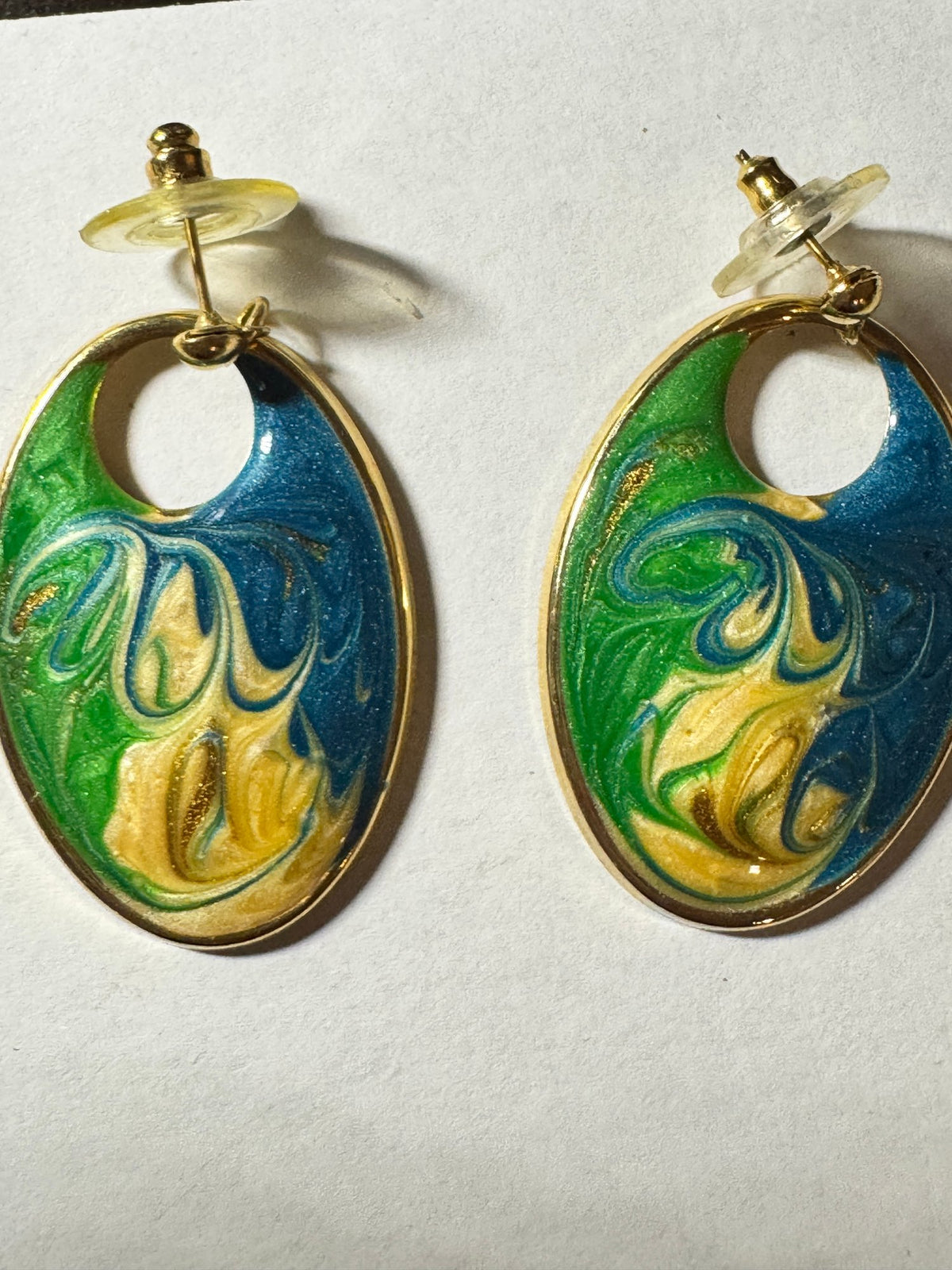 Oval Dangle Earrings · Swirled Enamel · Blue Green Gold-Tone Post — photo 2