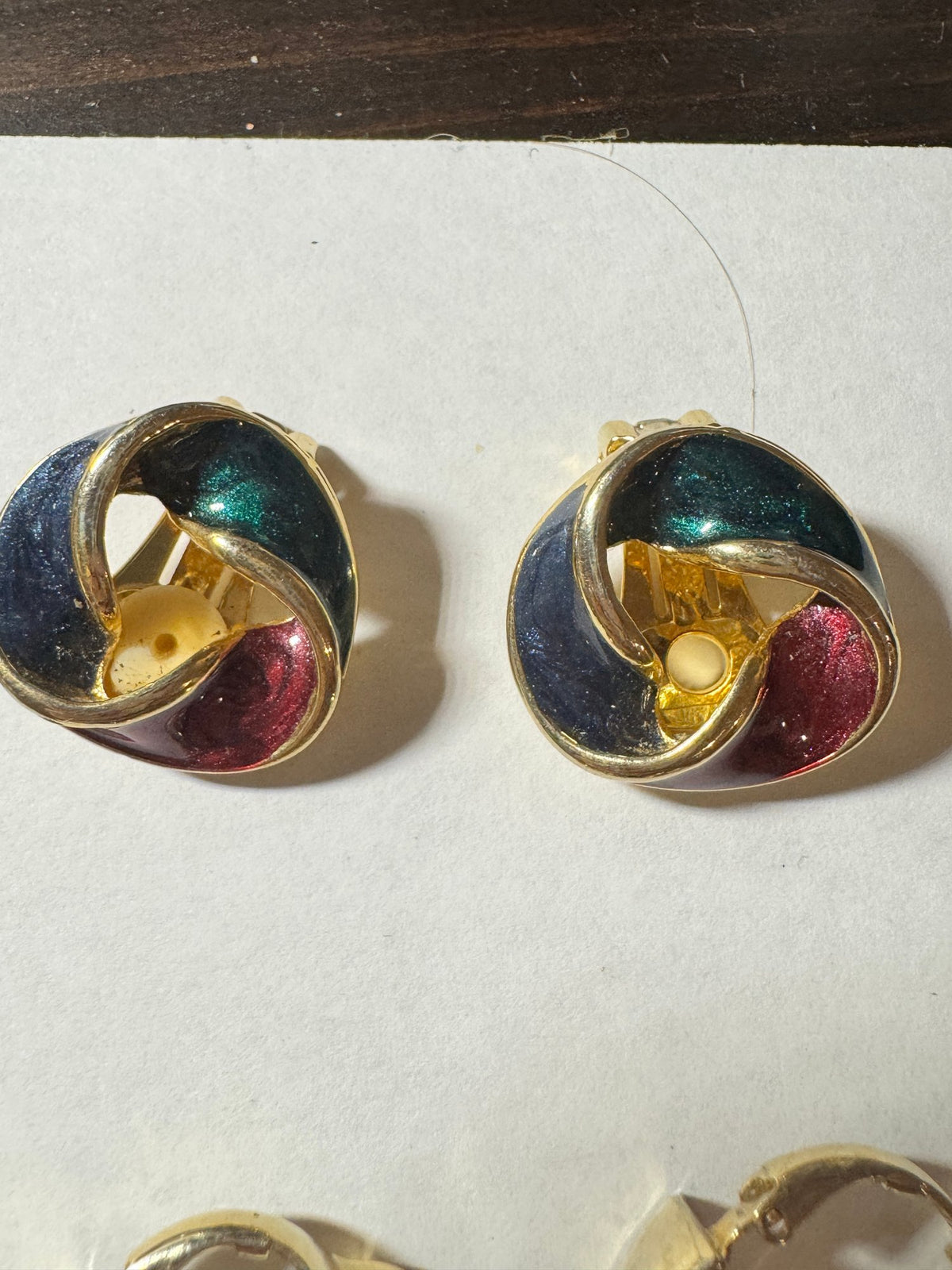 Clip-On Earrings · Enamel Knot · Teal Navy Burgundy Gold-Tone — photo 2