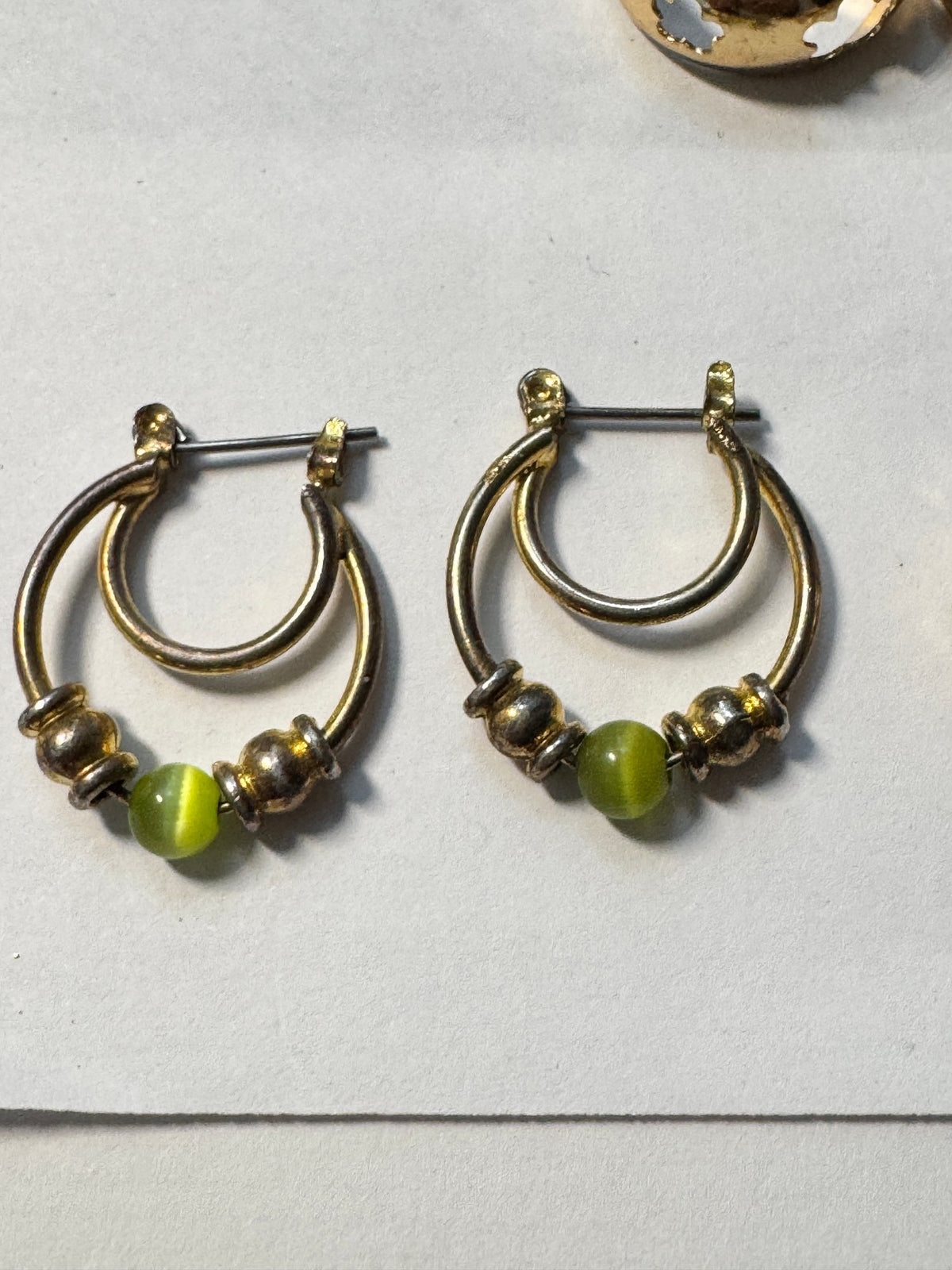 Double Hoop Earrings · Two-Tone · Green Cat's Eye Glass Beads — photo 2