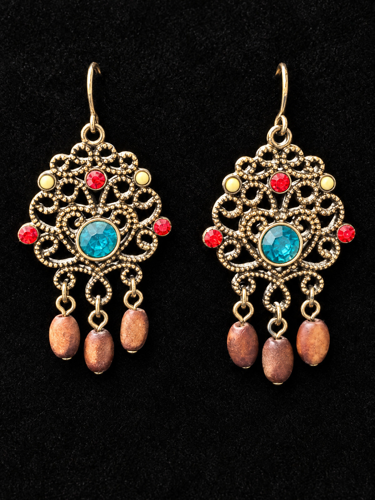⚜️ Chandelier Earrings | Filigree Boho | Teal Rhinestone + Wood Beads 💗