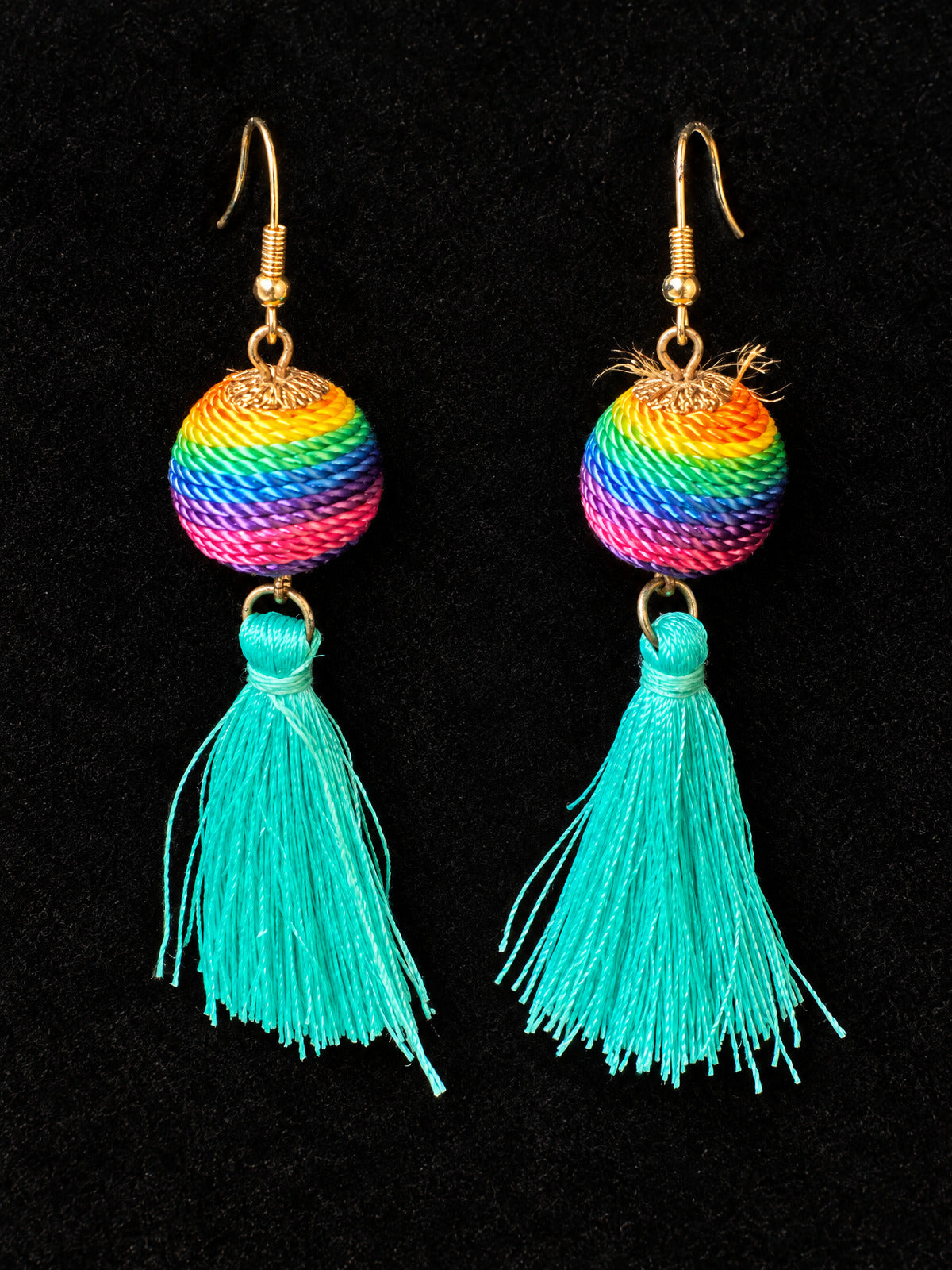 ⚜️ Tassel Drop Earrings | Rainbow Bead + Turquoise Fringe | Hook 💗