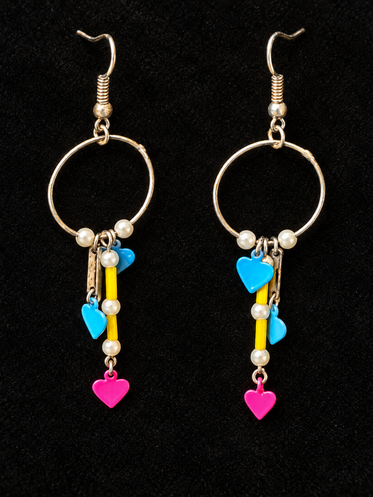 ⚜️ Hoop Drop Earrings | Heart Charms & Beads | Cyan Pink Yellow 💗