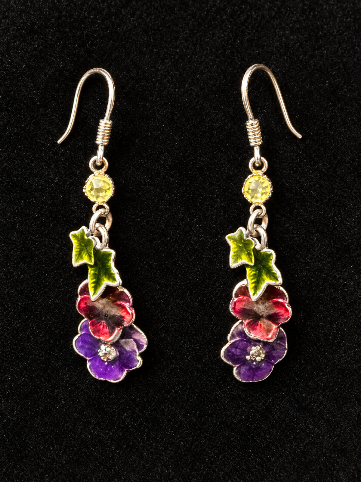 ⚜️ Enamel Pansy Dangle Earrings | Floral Garden | Purple Red Green Hook 💗