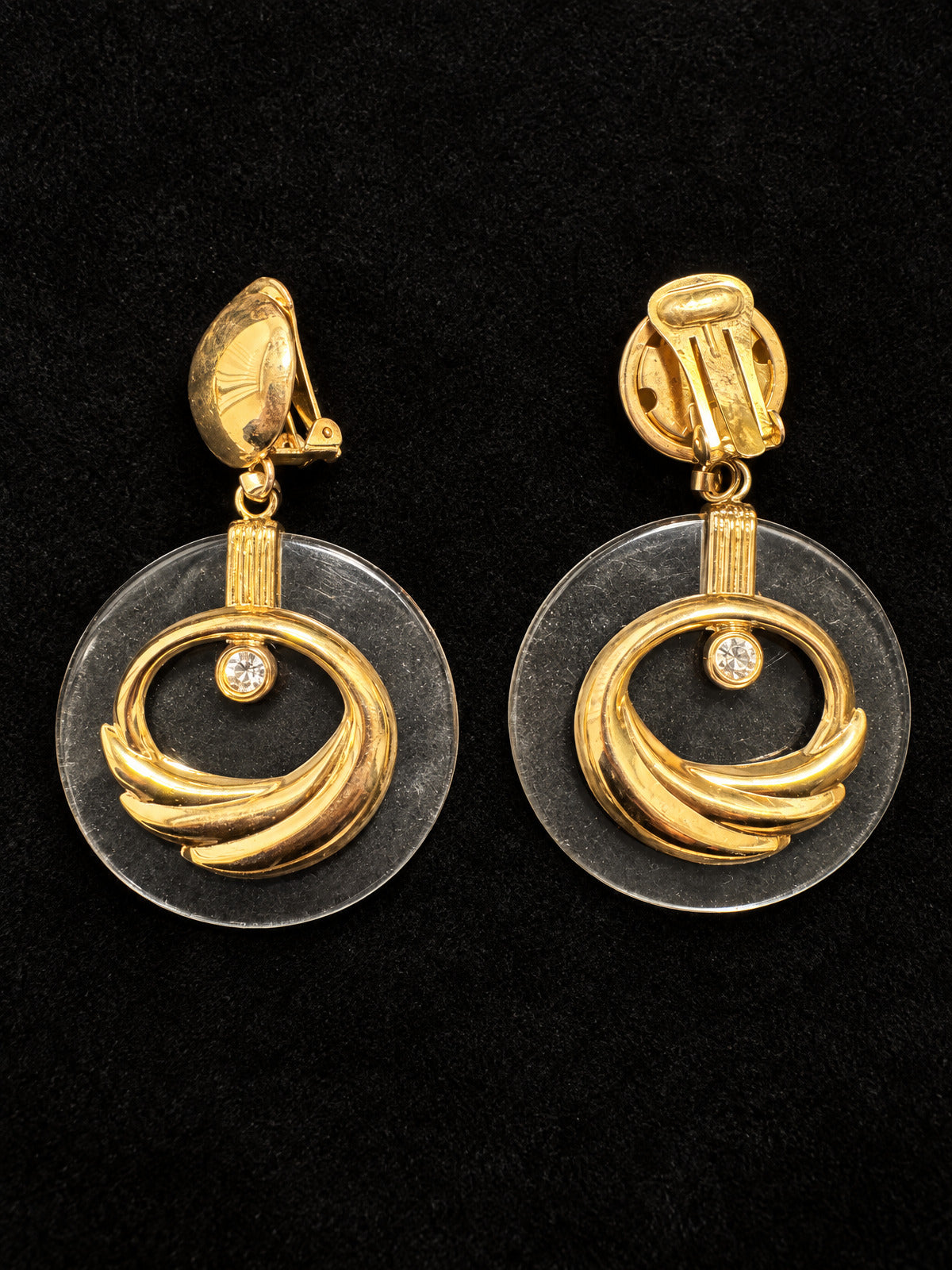 ⚜️ Gold-Tone Lucite Hoop Drop Clip-On Earrings | 80s Statement | Clear 💗
