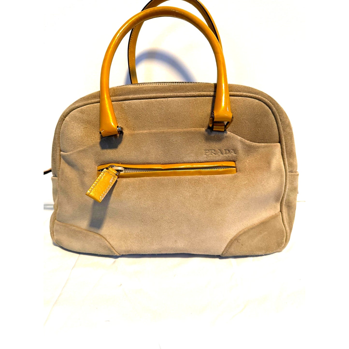 Hipster Prada Suede and Patent Leather Satchel in Beige and Yellow