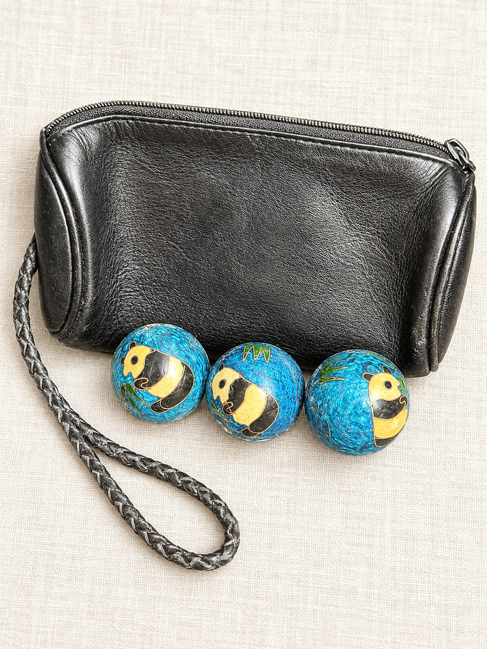 ⚜️ Cloisonné Panda Baoding Balls | Set of 3 | Blue Enamel + Pouch 💗