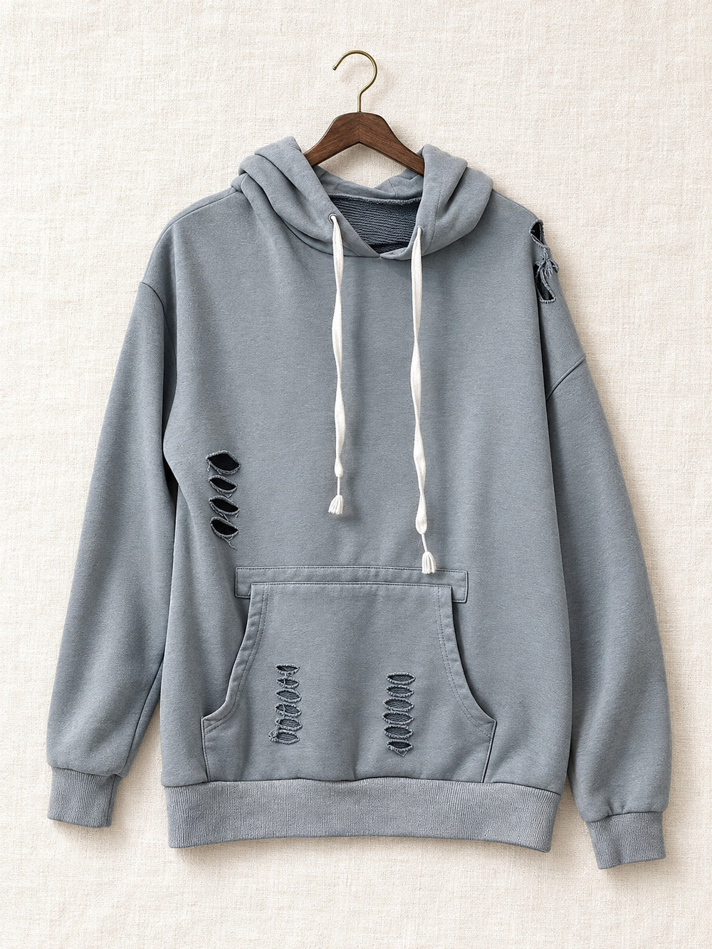 ⚜️ Distressed Hoodie | Relaxed Pullover | Blue-Gray Cotton Fleece 💗