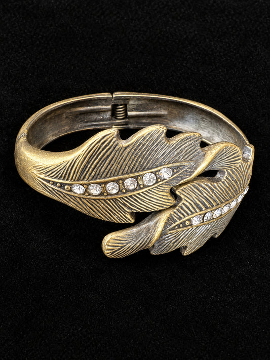 ⚜️ Feather Clamper Bangle | Antique Gold-Tone | Rhinestone Accent 💗