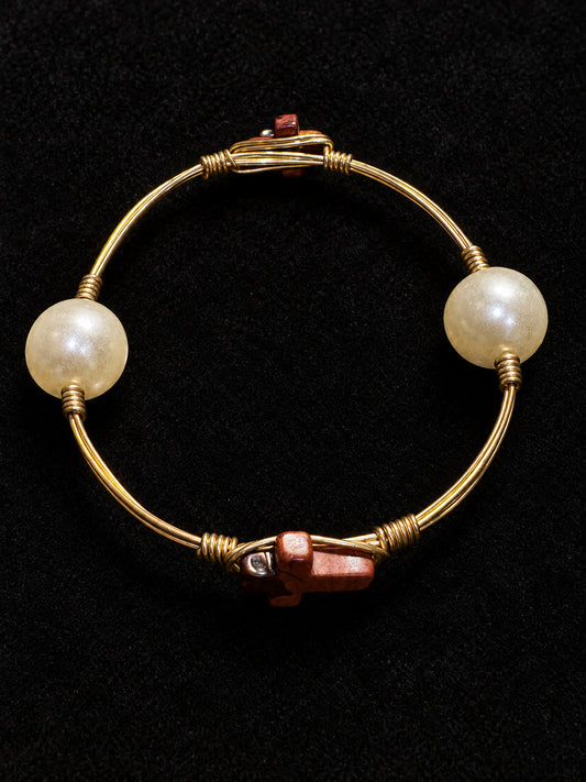 ⚜️ Wire-Wrapped Bangle | Faux Pearl & Stone Cross | Gold-Tone 💗