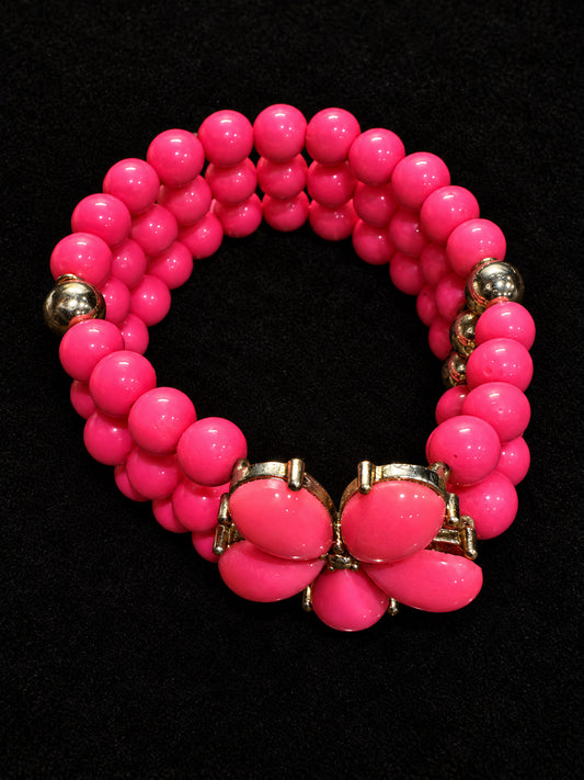 ⚜️ Hot Pink Bead Bracelet | 3-Row Stretch | 1960s Vintage Gold-Tone 💗