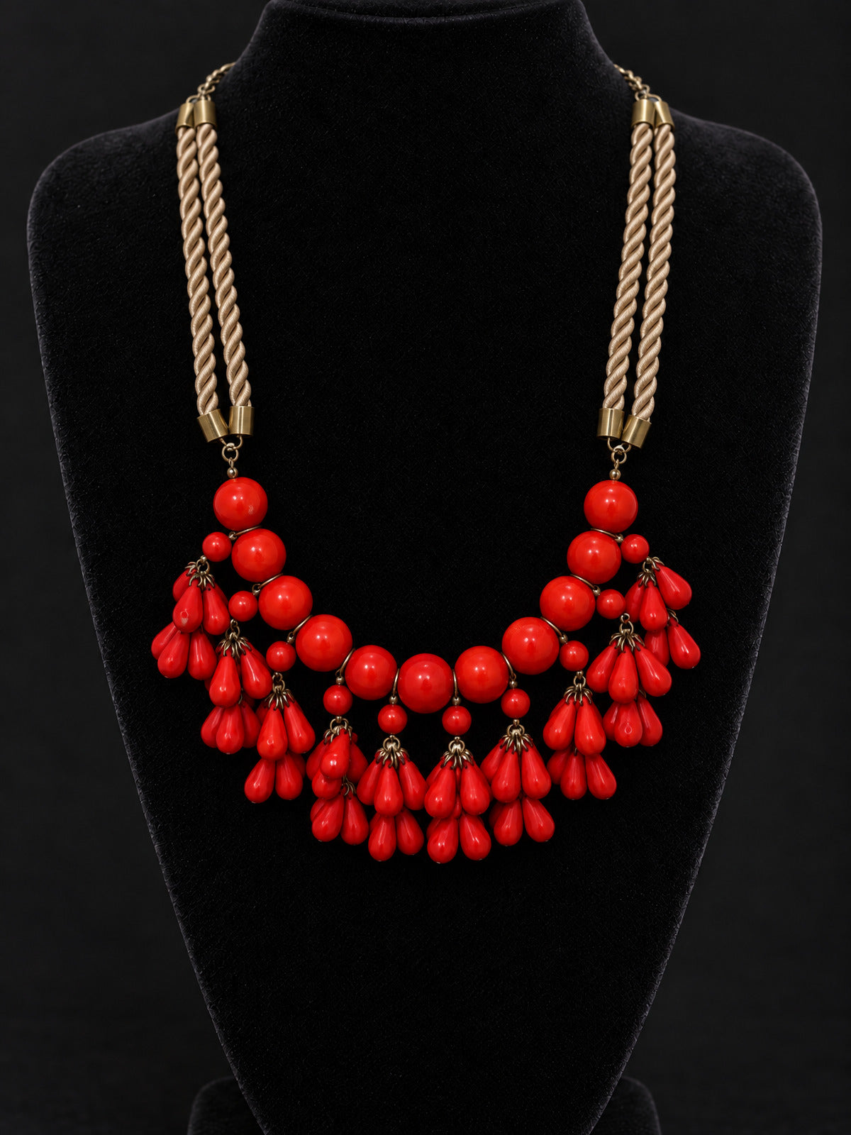 ⚜️ Statement Bib Necklace | Red Bead & Twisted Cord | Red, Gold-tone 💗