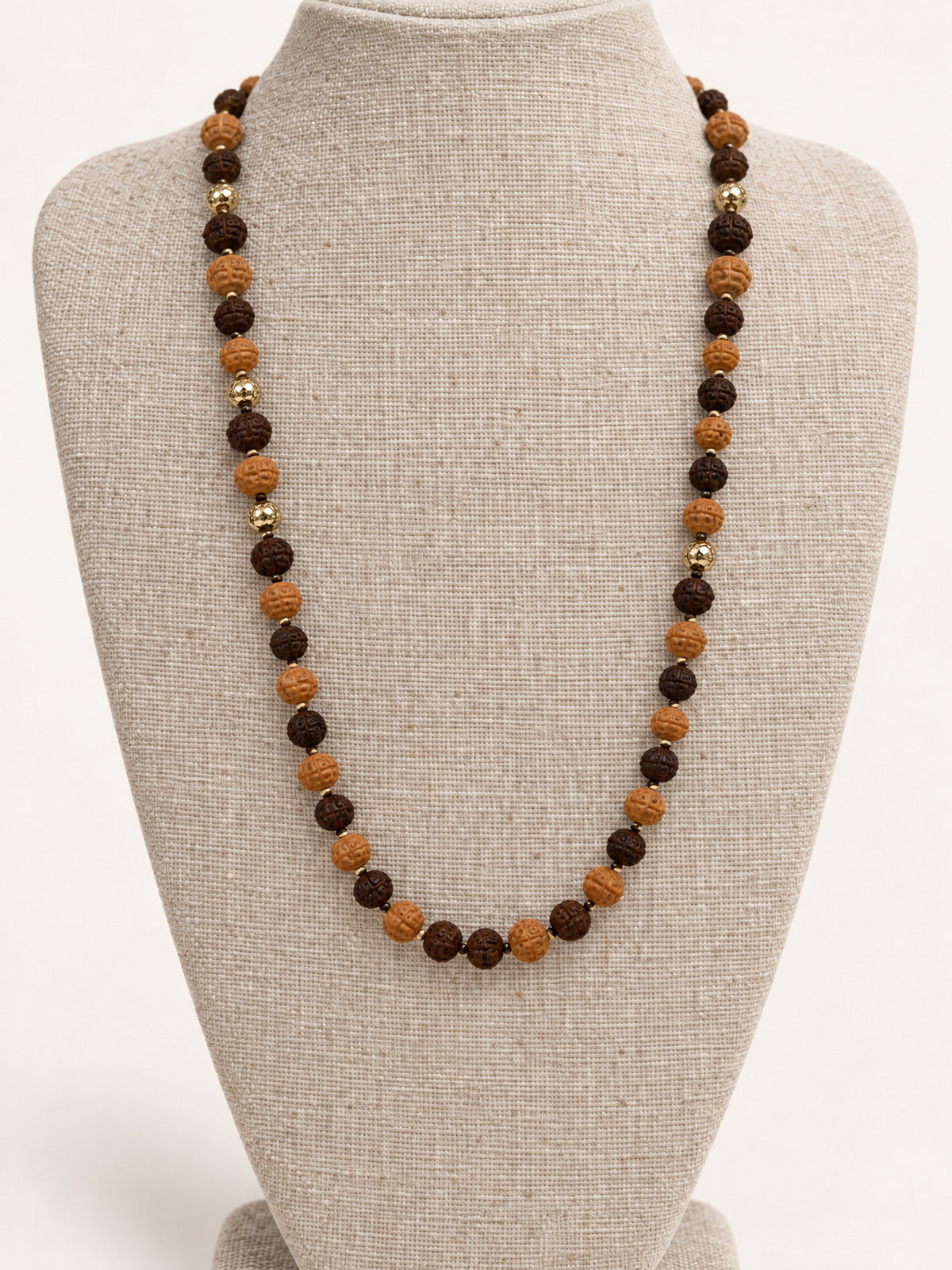 ⚜️ Carved Vintage Bead Necklace | Boho Statement | Tan Brown Gold-Tone 💗