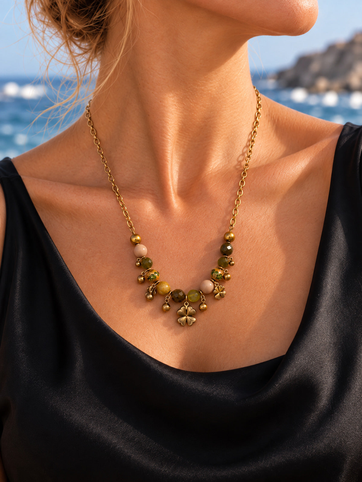 ⚜️ Beaded Chain Necklace | Four-Leaf Clover Charms | Olive Green & Gold-Tone 💗