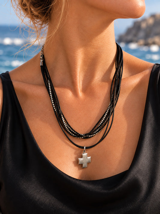 ⚜️ Multi-Strand Cord Necklace | Rhinestone Cross Pendant | Black Silver-Tone 💗