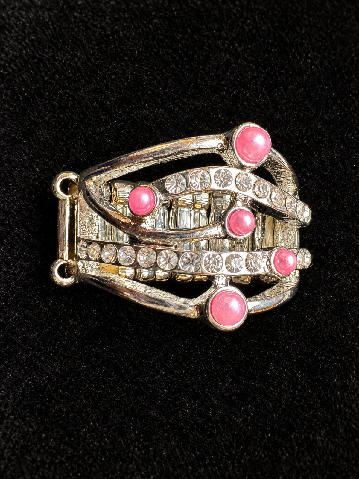 ⚜️ Stretch Cocktail Ring | Pink Cabochon & Rhinestone Openwork | Silver-Tone | F