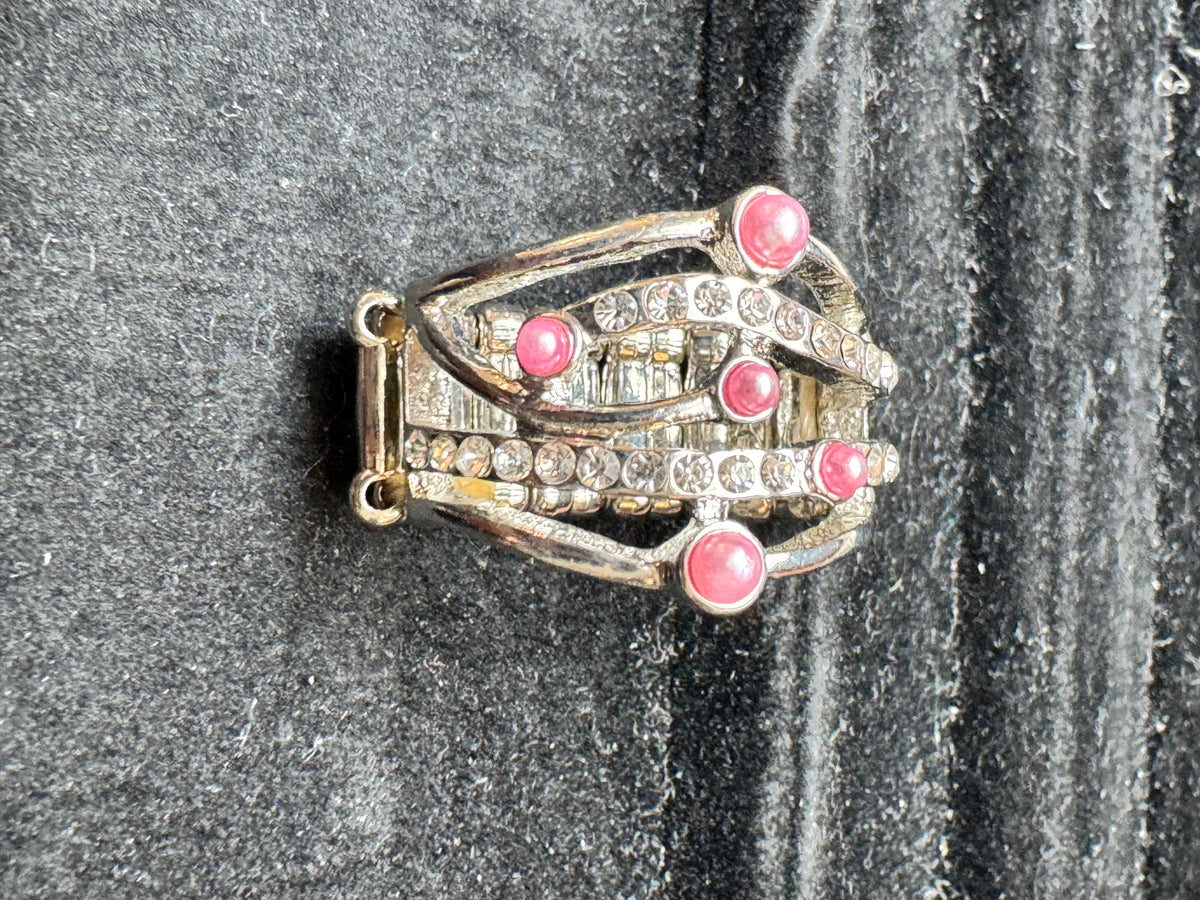 ⚜️ Stretch Cocktail Ring | Pink Cabochon & Rhinestone Openwork | Silver-Tone | F — photo 3