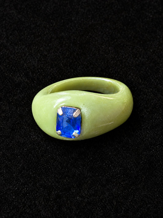 ⚜️ Dome Ring | Sage Green Stone Band + Blue Crystal | Size 9 💗