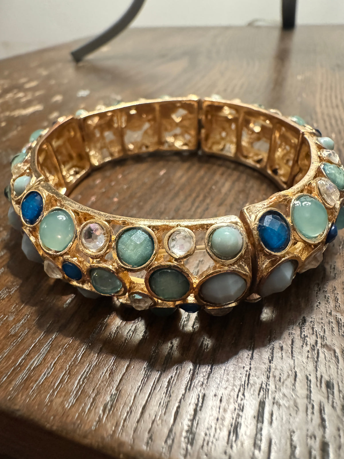 ⚜️ Statement Bangle | Mixed Stone Stretch Cuff | Blue Mint Teal Gold-Tone 💗 — photo 3