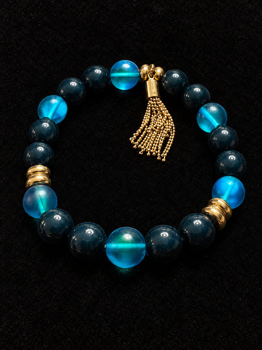 ⚜️ Beaded Stretch Bracelet | Teal & Navy Glass | Gold-Tone Tassel 💗
