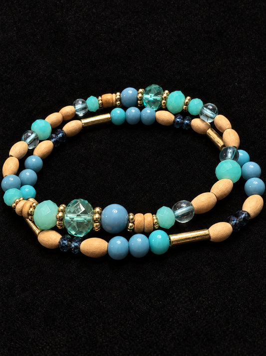 ⚜️ Beaded Wrap Bracelet | Boho Stack | Teal Blue Wood Gold-Tone 💗
