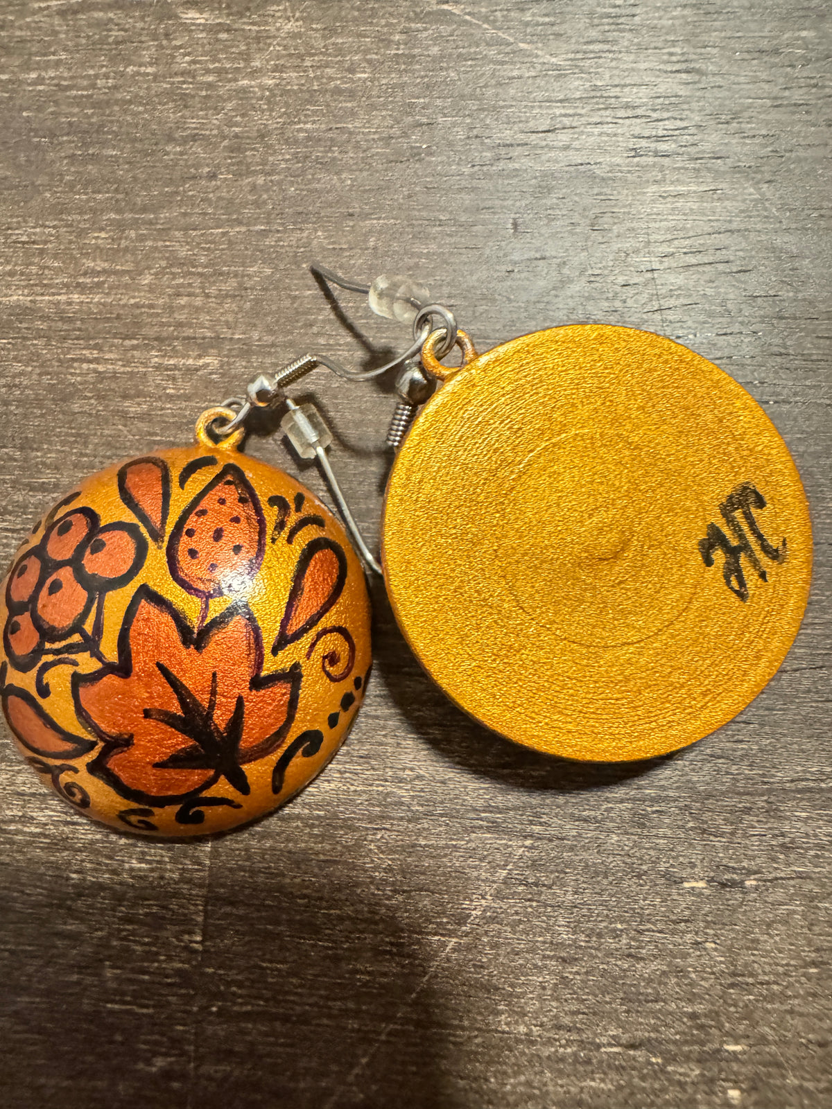 ⚜️ Hand-Painted Wood Earrings | Floral Domed | Orange & Gold-Tone | Fish Hook 💗 — photo 2