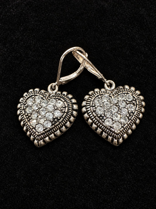 ⚜️ Heart Drop Earrings | Antiqued Pavé Crystal | Silver-Tone Lever-Back 💗