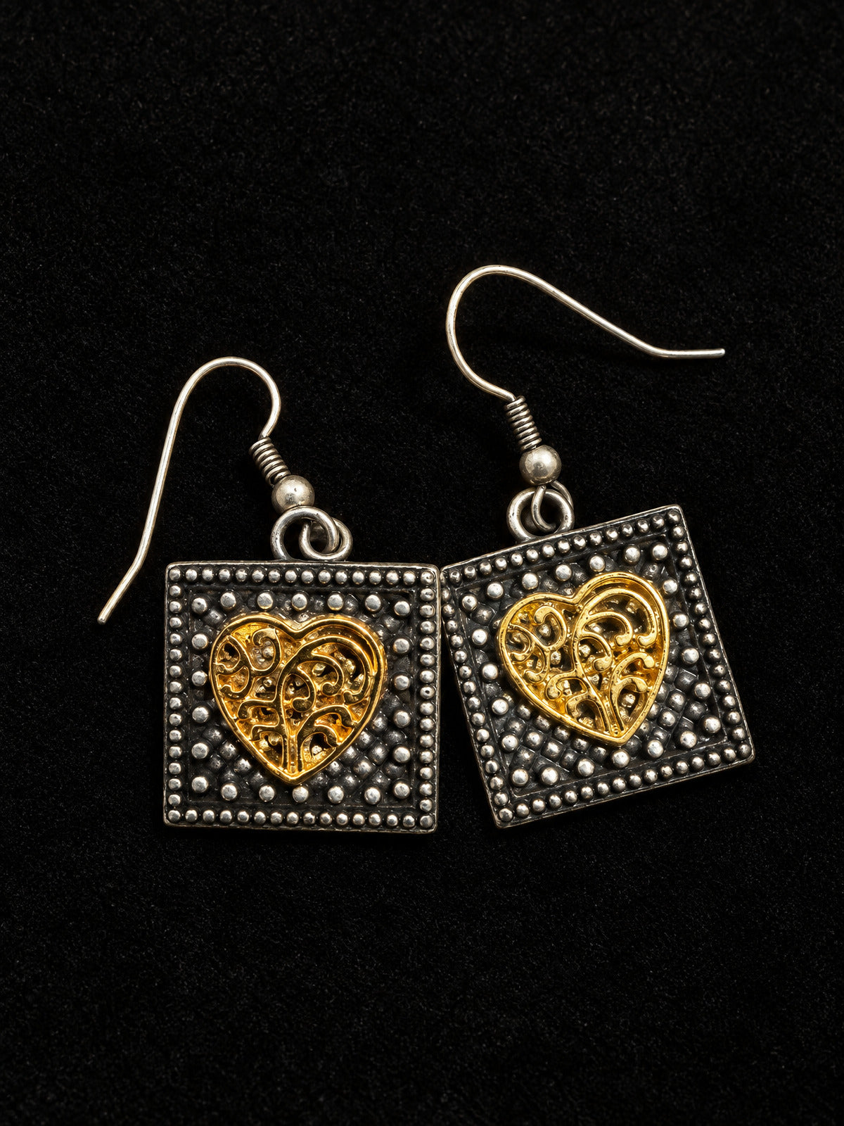 ⚜️ Square Drop Earrings | Gold-Tone Filigree Heart | French Wire 💗