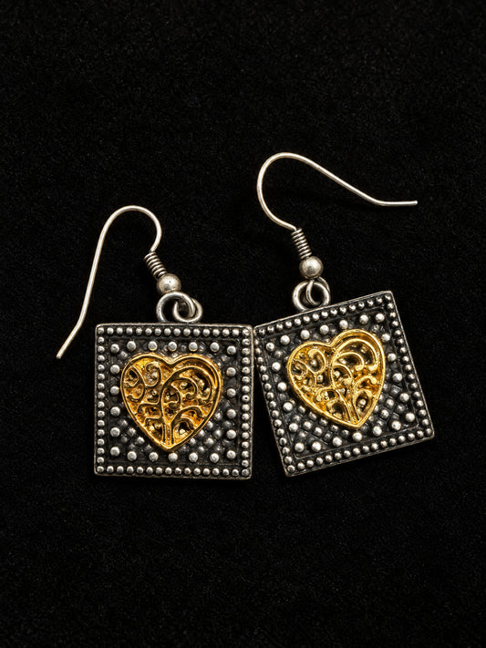 ⚜️ Square Drop Earrings | Gold-Tone Filigree Heart | French Wire 💗