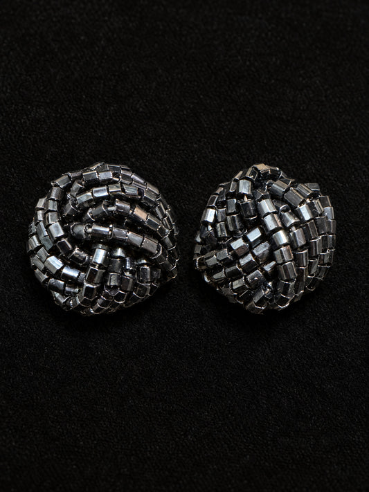⚜️ Beaded Clip-On Earrings | Domed Woven Bugle Beads | Gunmetal 💗