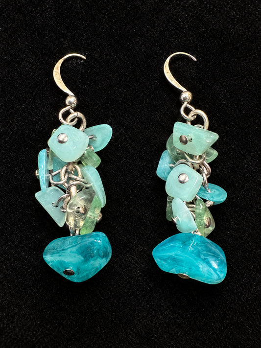 ⚜️ Cluster Dangle Earrings | Turquoise & Aqua Chips | Silver-Tone 💗