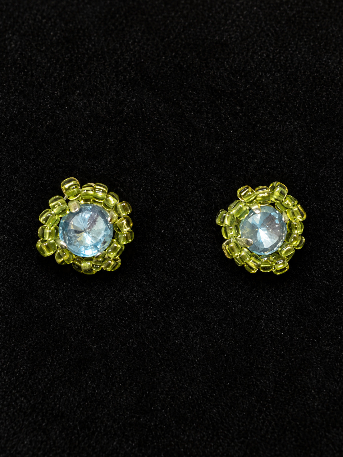 ⚜️ Beaded Stud Earrings | Blue Crystal + Yellow-Green Seeds | Artisan 💗