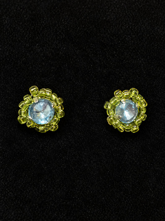 ⚜️ Beaded Stud Earrings | Blue Crystal + Yellow-Green Seeds | Artisan 💗