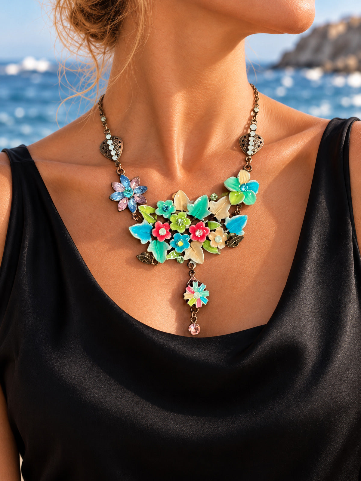 ⚜️ Enamel Flower Bib Necklace | Statement Pendant | Multicolor 💗