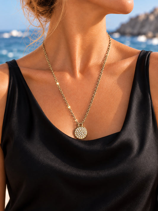 ⚜️ Pavé Disc Pendant | Dainty Gold-Tone Necklace | Crystal 💗